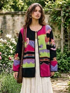 Indigo Moon Vintage 90's Colorful Artsy Boho Quilt Applique Jacket Plus Size 2X